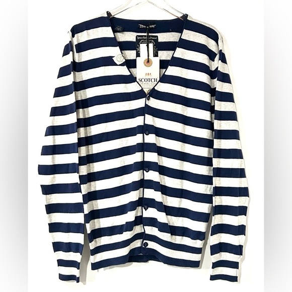 NWT Scotch & Soda Varsity Striped Cotton Light Cardigan Sweater Navy Cream L - Picture 1 of 5